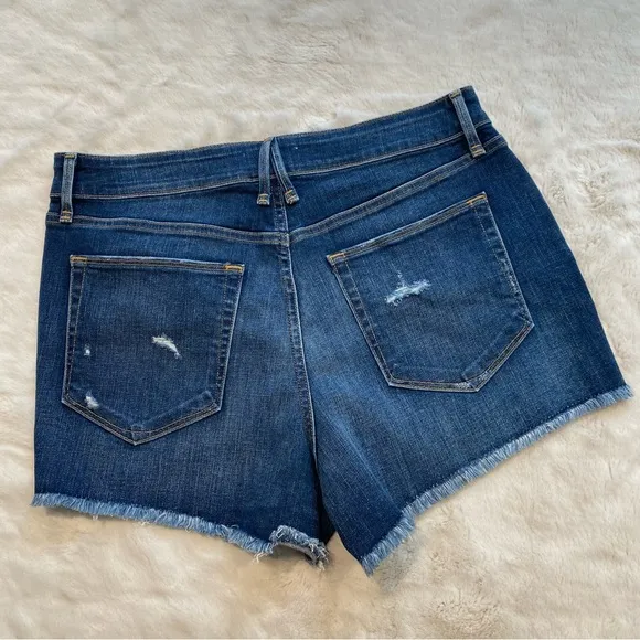 NWT(12) Good American Cut Off Denim Jean Short Distressed Blue Large Dark Wash