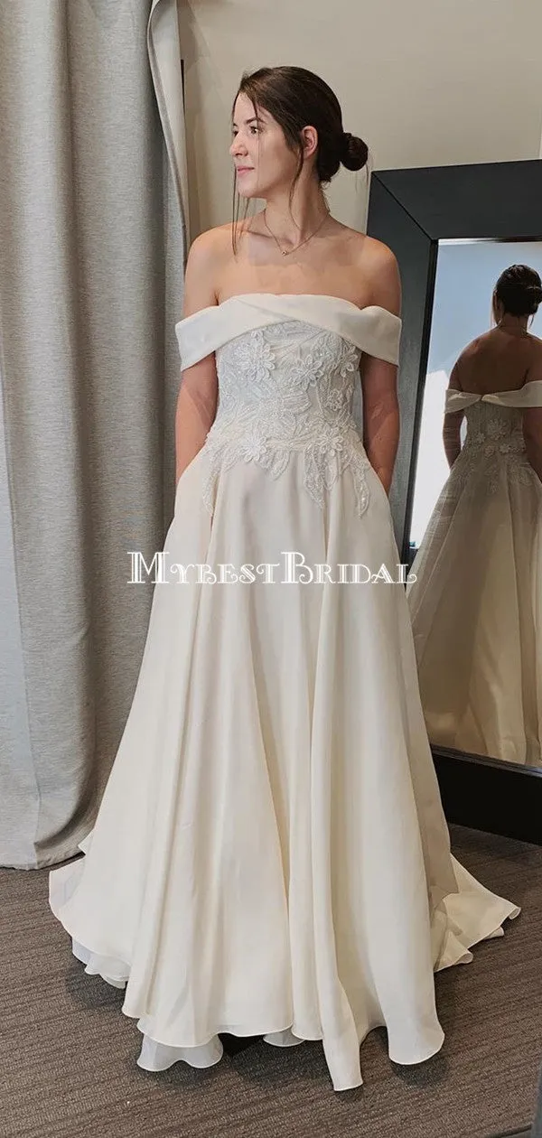 Off-The-Shoulder Lace Appliqued Satin A-line Long Cheap Wedding Dresses, WDS0060