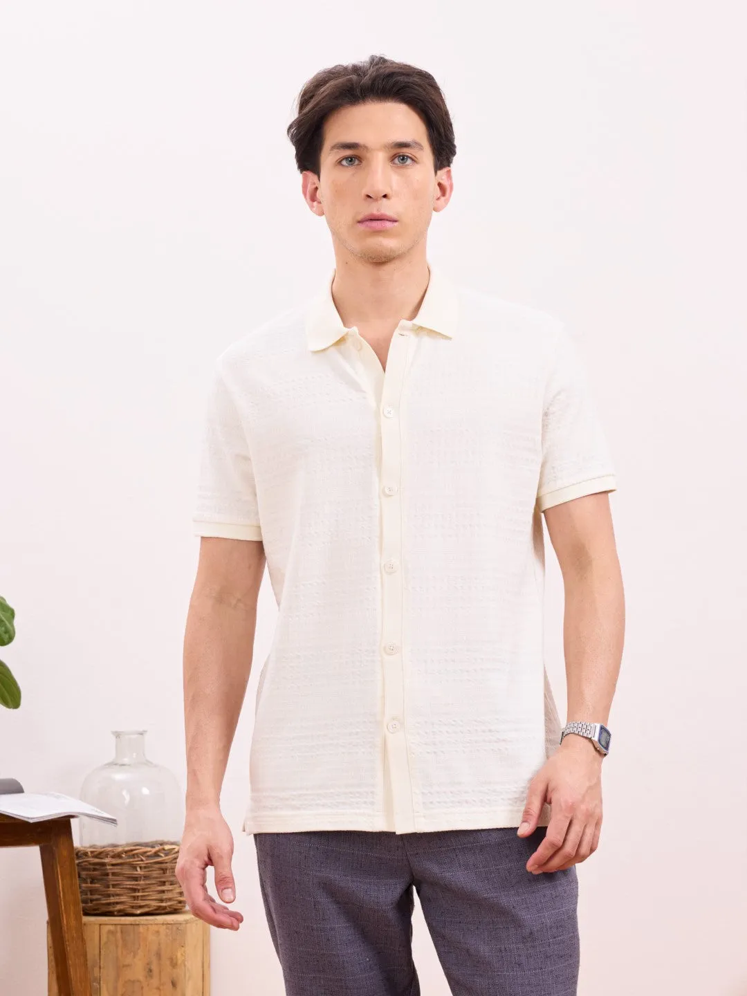 Off White Knitted Half Sleeve Shirt
