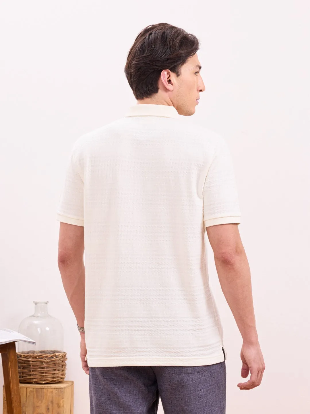 Off White Knitted Half Sleeve Shirt