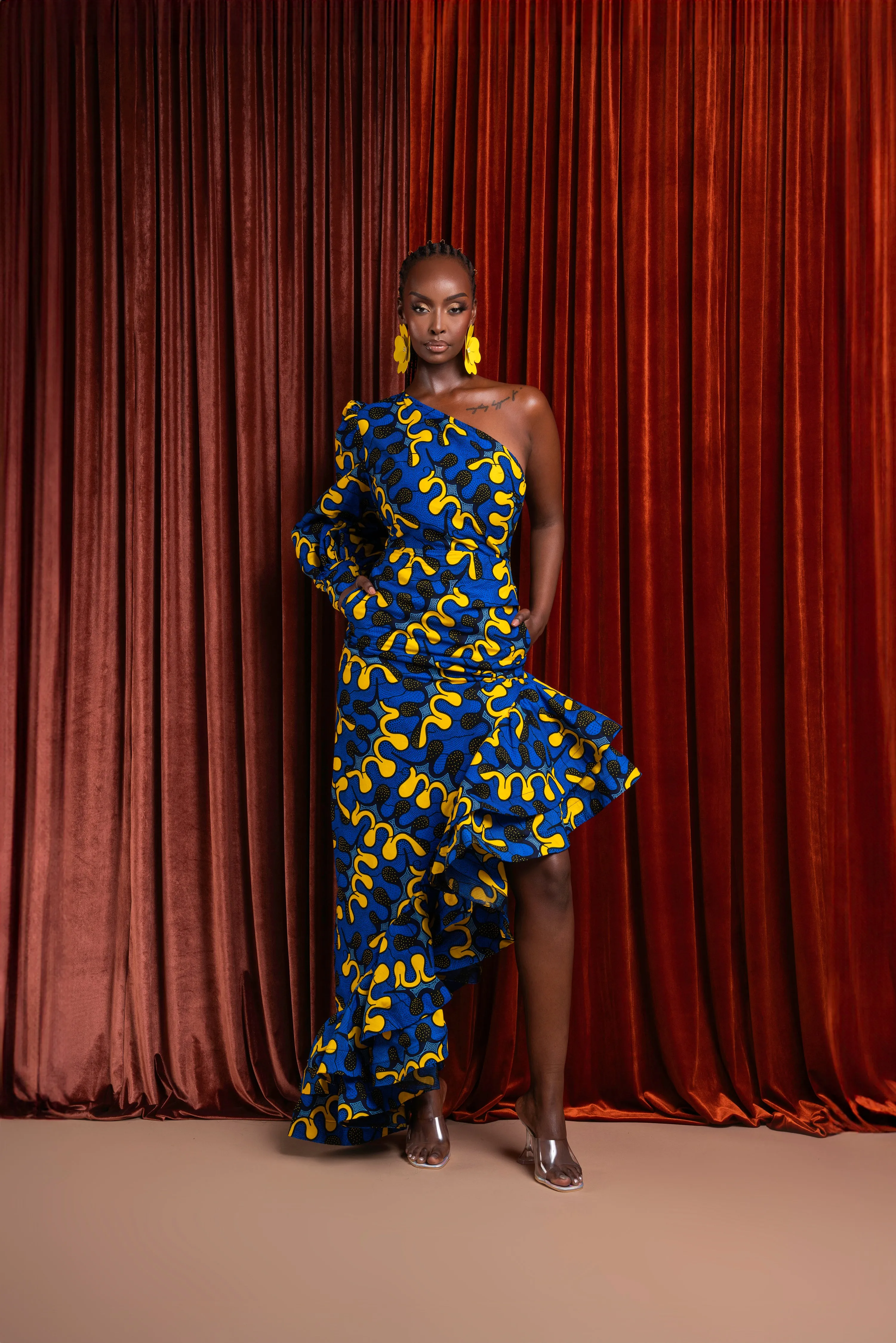 OPE One-sleeve Ruffle African Print Hi-low Dress