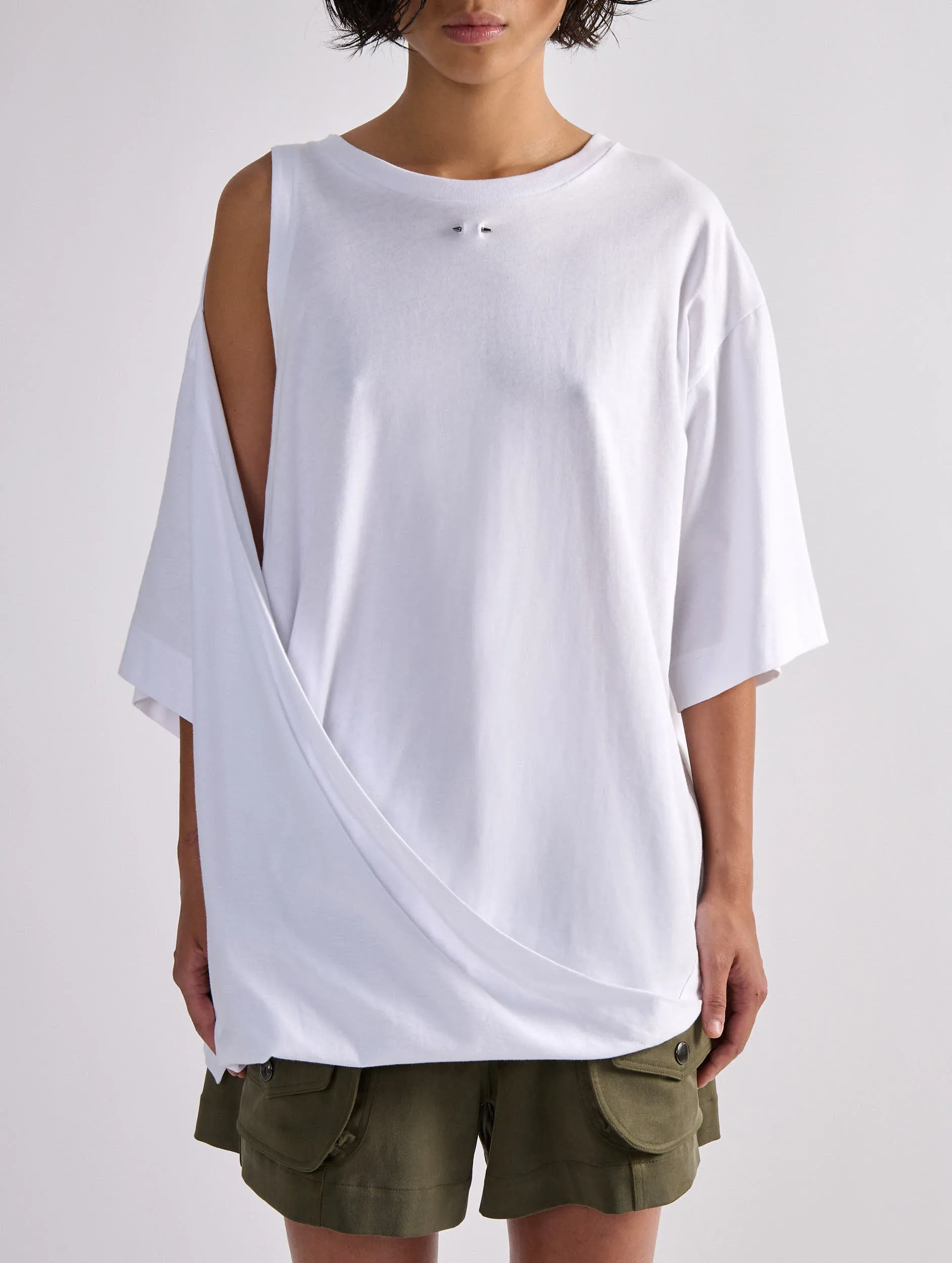 Oversized drape tee-shirt in white cotton jersey