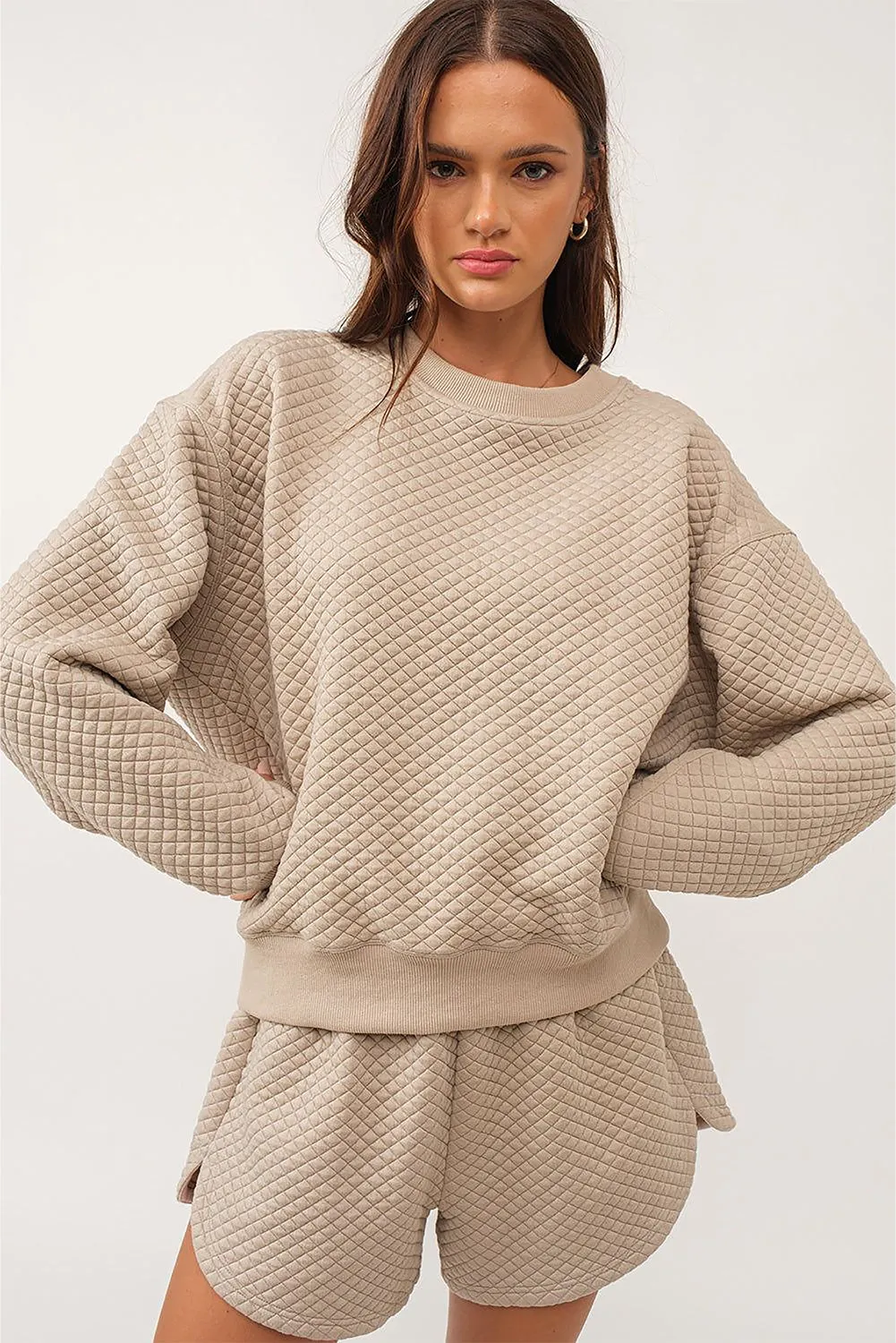 Parchment Solid Color Quilted Long Sleeve Top and Shorts Set