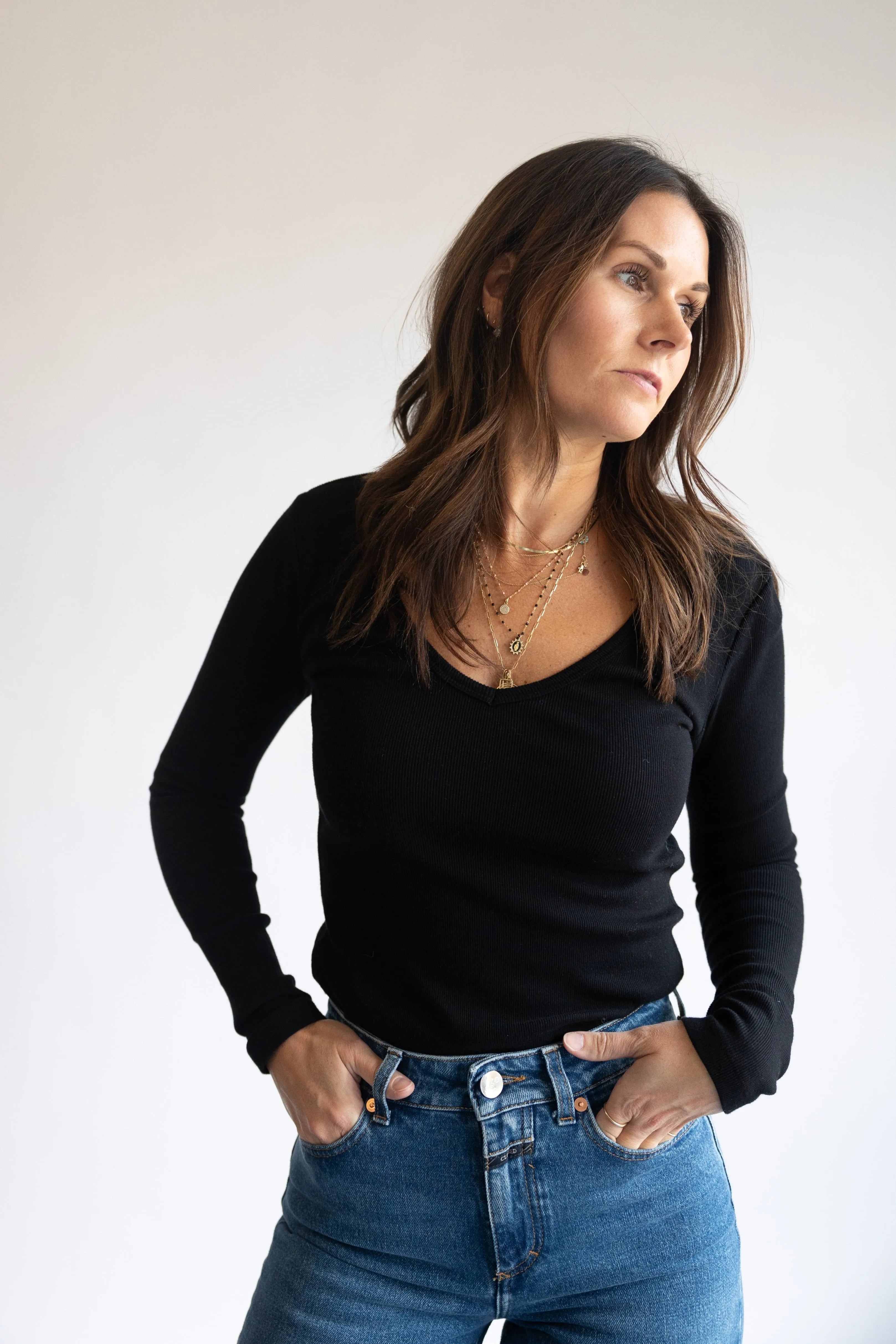 Perfect White Tee Kitt V Neck LS Top in Black