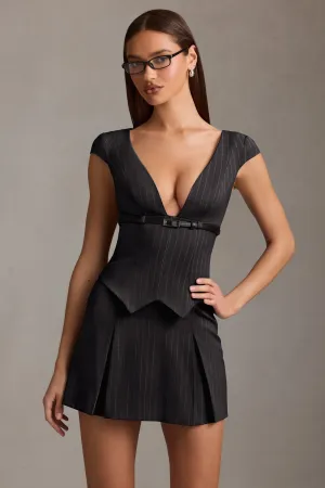 Pinstripe Pleated Waistcoat Mini Dress in Black