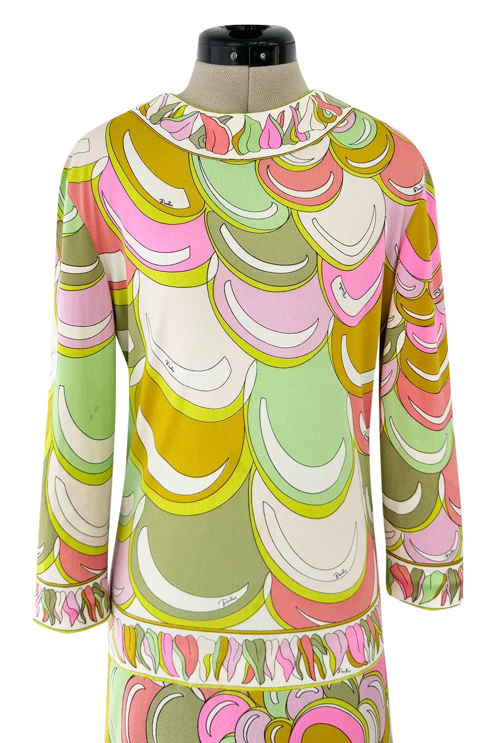 Prettiest 1960s Emilio Pucci Pale Pastel Curving Print Silk Jersey Dress w Contrasting Border