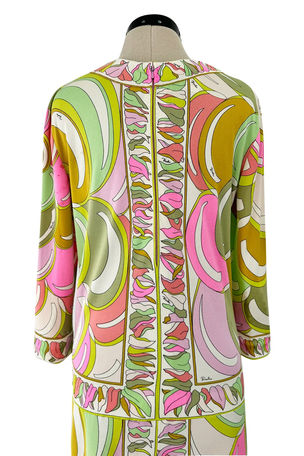 Prettiest 1960s Emilio Pucci Pale Pastel Curving Print Silk Jersey Dress w Contrasting Border