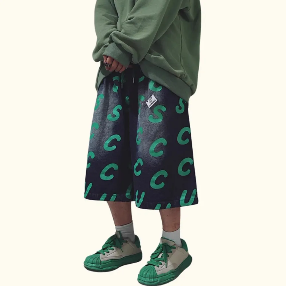 "Hip-hop Print Denim" Shorts