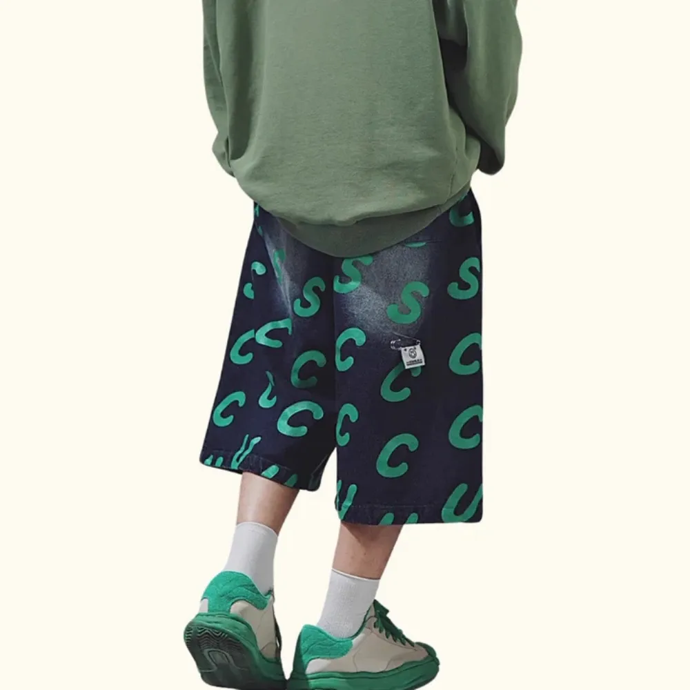 "Hip-hop Print Denim" Shorts