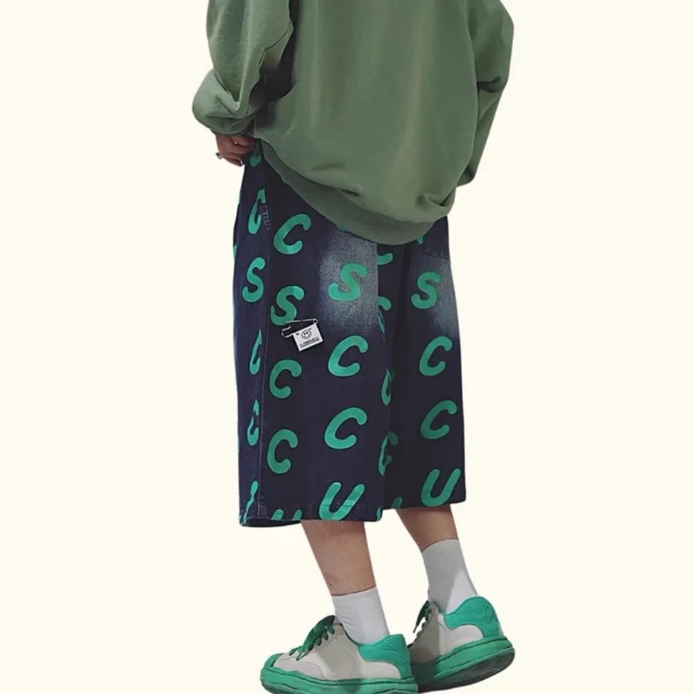 "Hip-hop Print Denim" Shorts