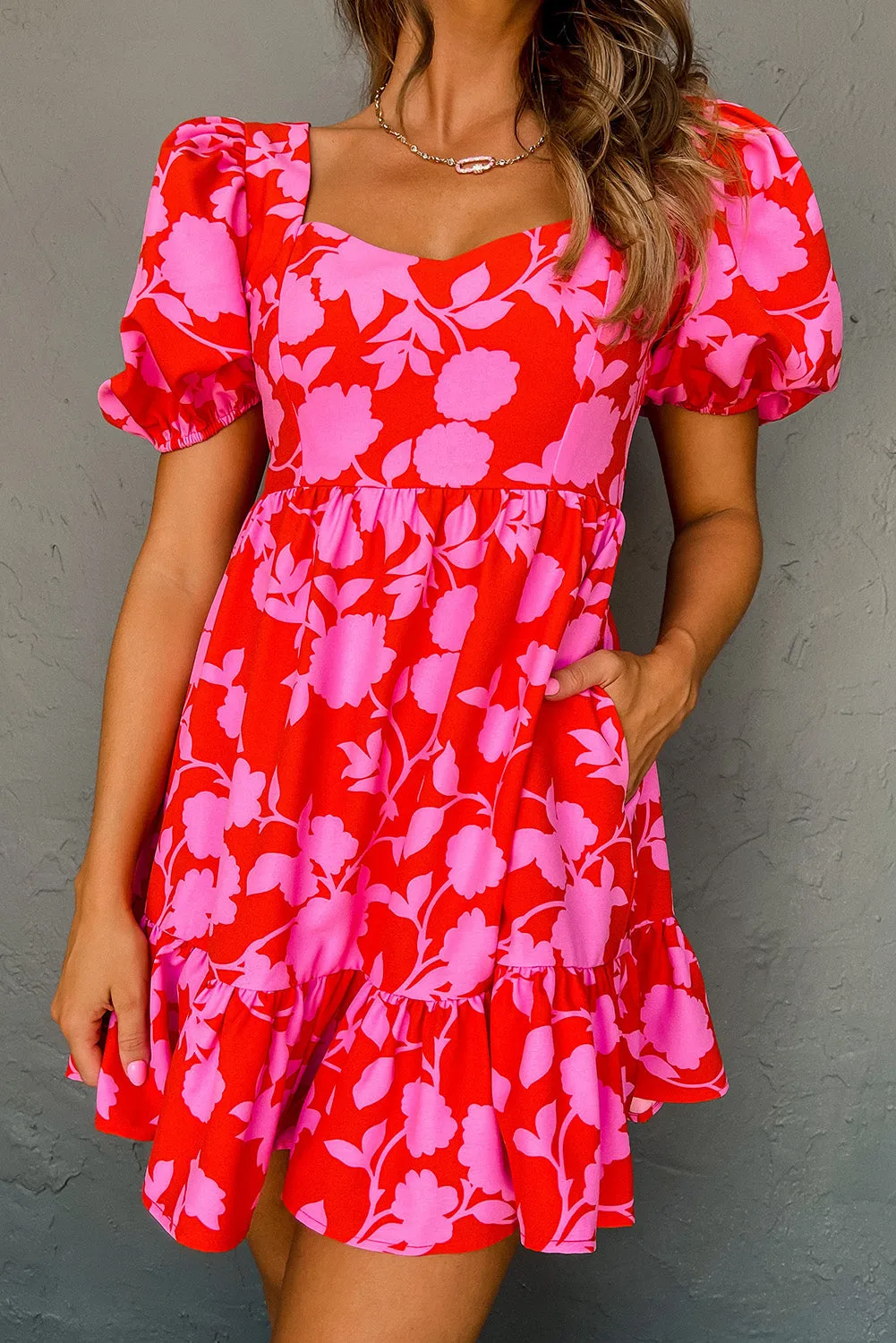 Red Floral Bubble Sleeve Sweetheart Neck Ruffled Mini Dress