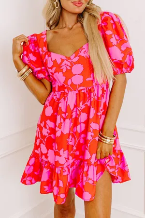 Red Floral Bubble Sleeve Sweetheart Neck Ruffled Mini Dress