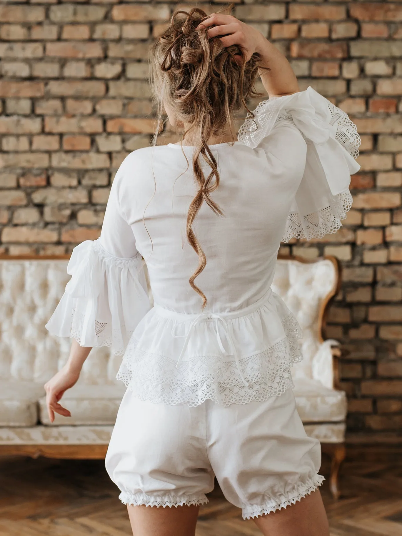 Rococo Nights Loungewear Set with Shorts in White Cotton