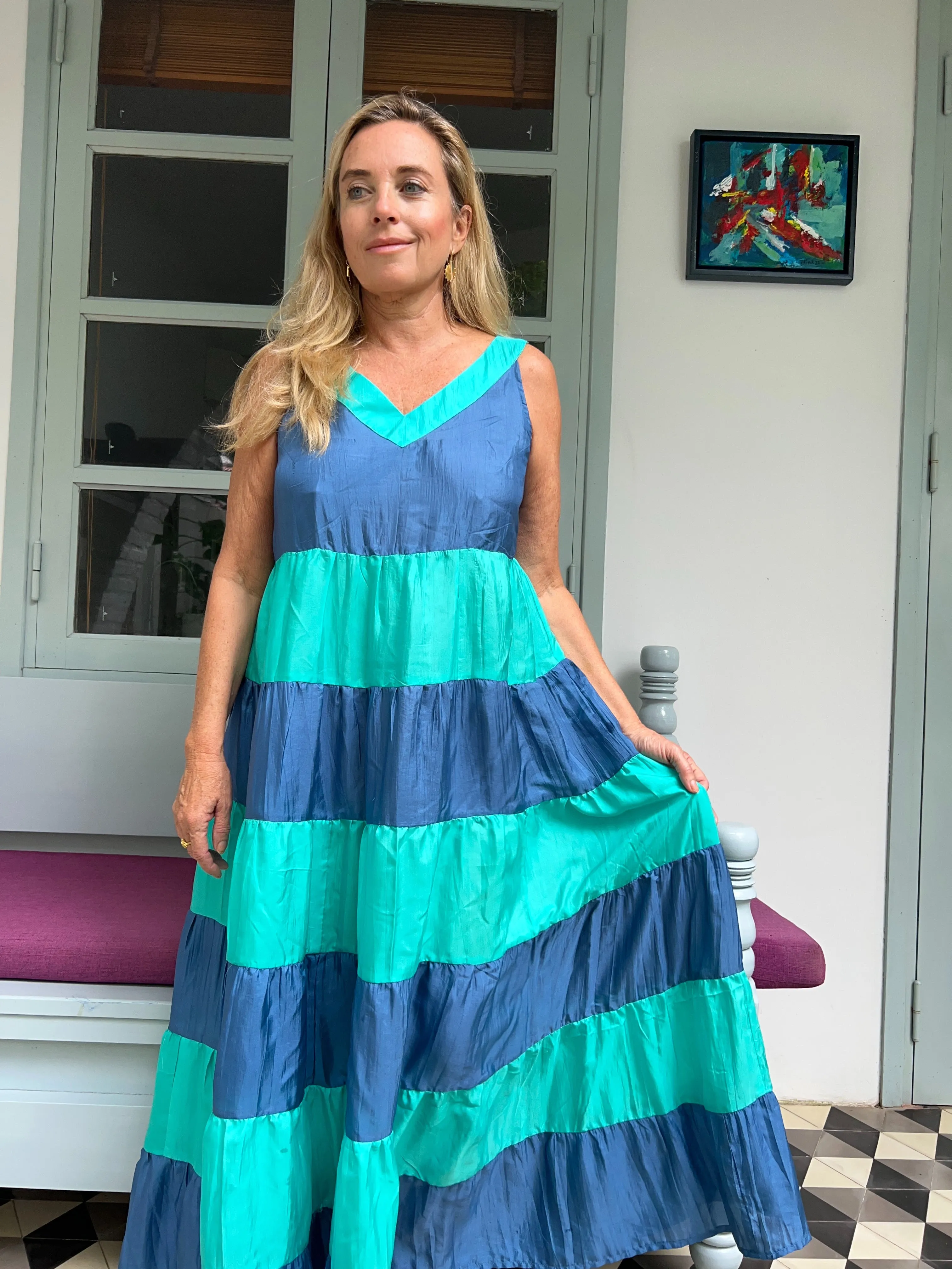 Rosie 100 % organic Silk  dress Blue and turquoise