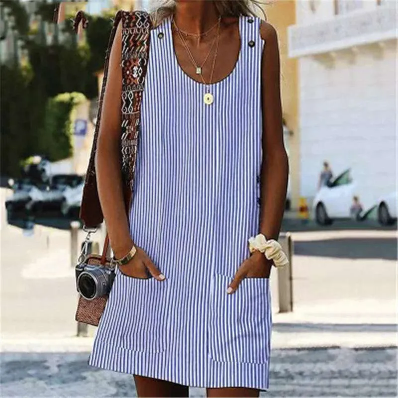 Round Neck Pocket Striped Overall Button Casual Jumpsuit Skirt