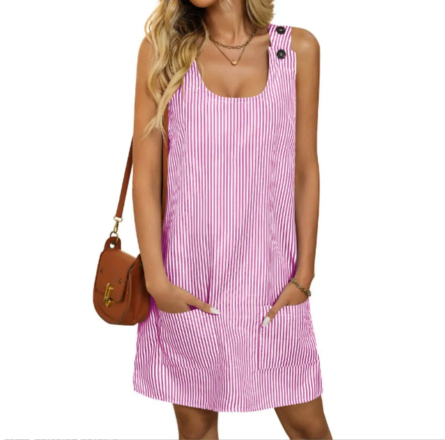 Round Neck Pocket Striped Overall Button Casual Jumpsuit Skirt