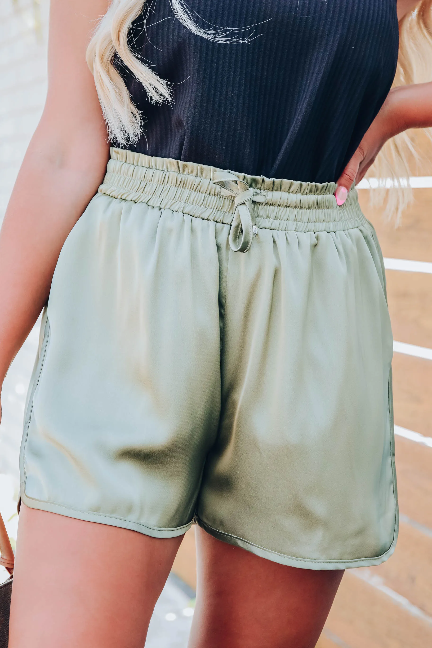 Shimmering in Satin Shorts - Olive