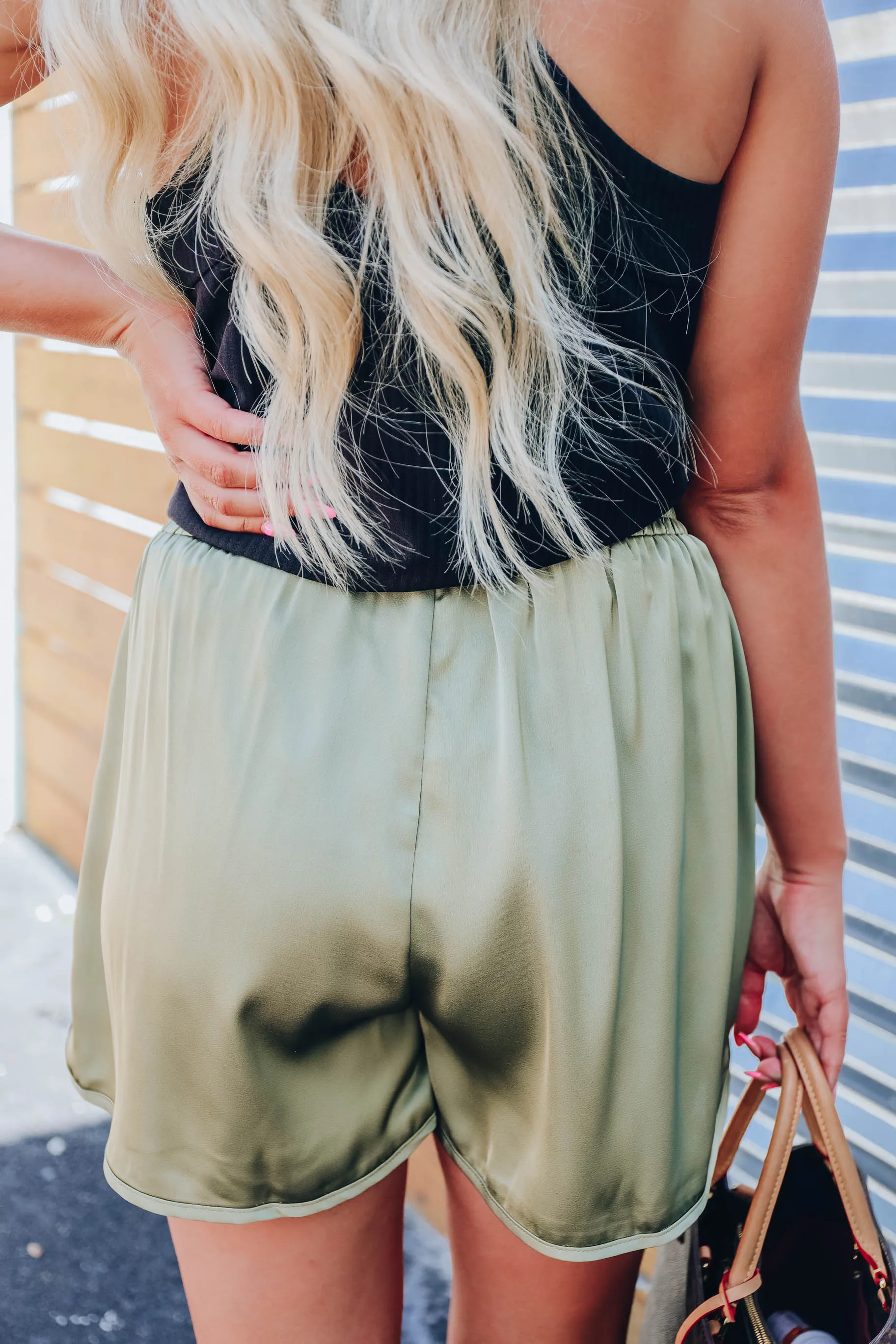 Shimmering in Satin Shorts - Olive