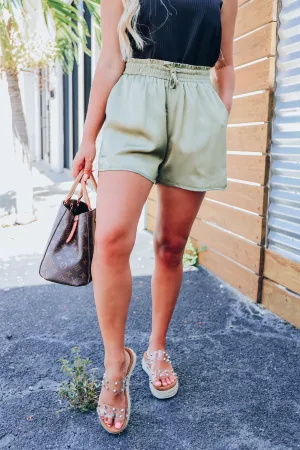 Shimmering in Satin Shorts - Olive