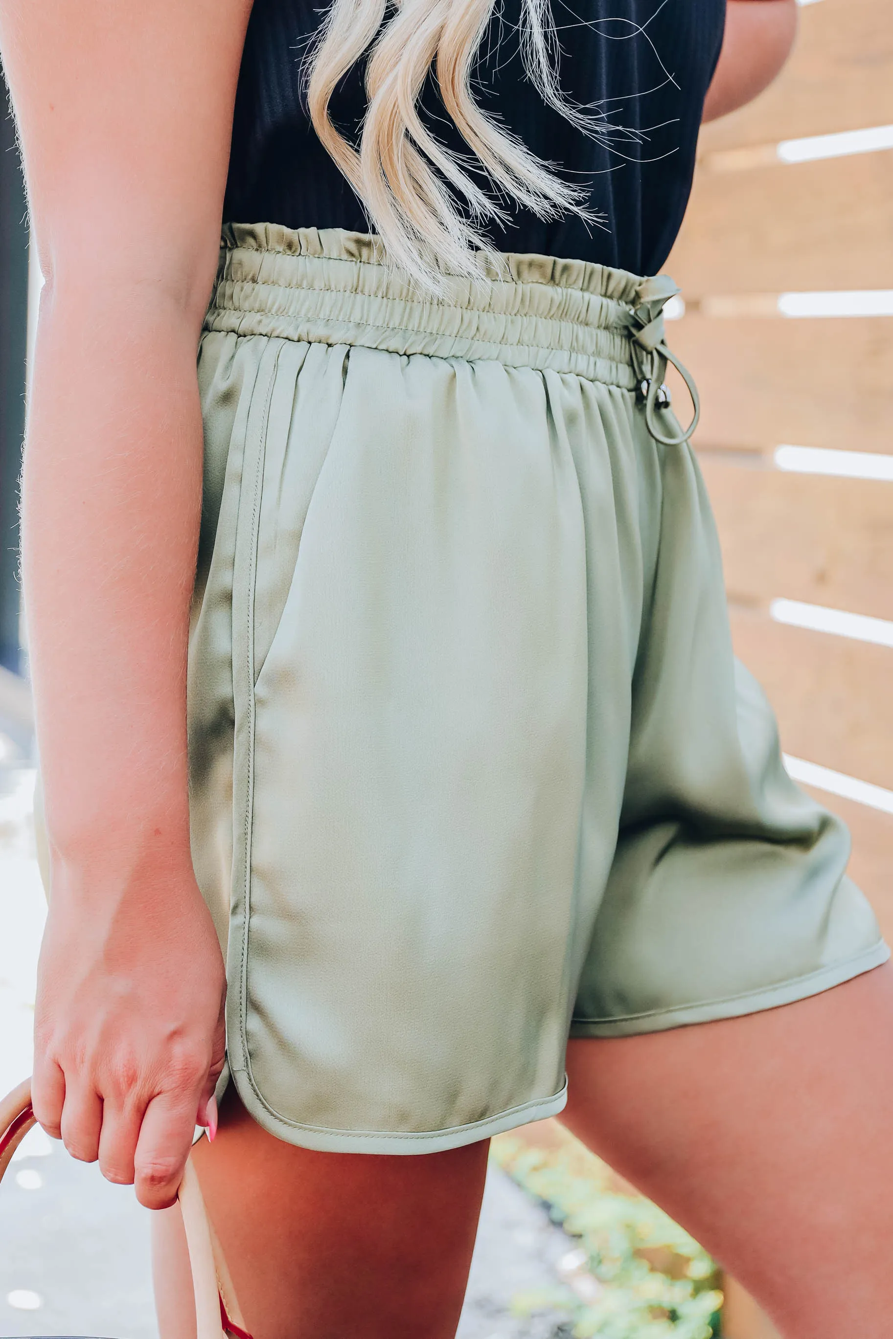 Shimmering in Satin Shorts - Olive