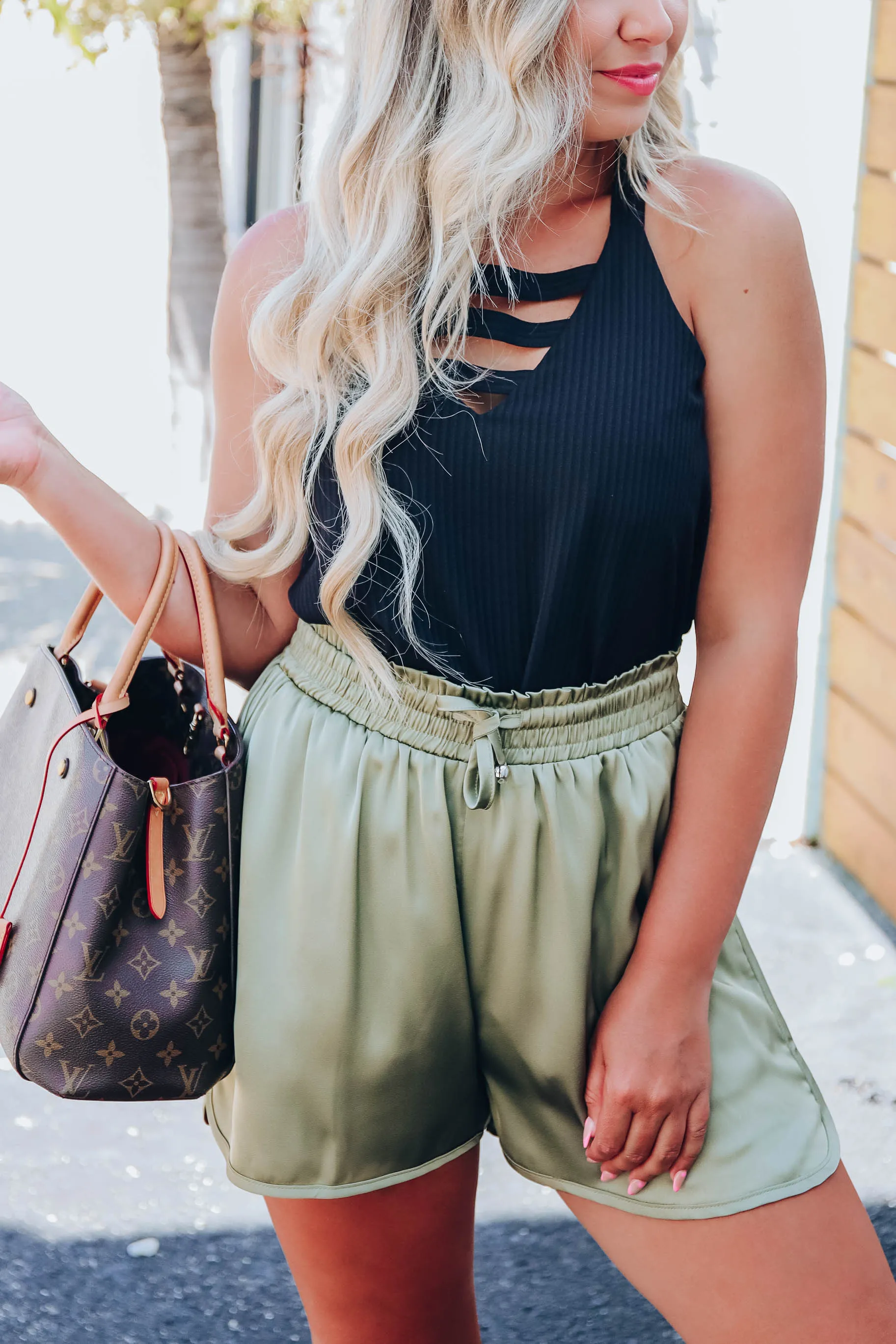 Shimmering in Satin Shorts - Olive