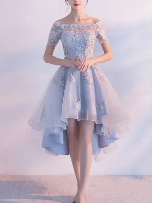 Short Sleeve Off Shoulder High How Dusty Blue Cheap Homecoming Dresses 2018, BDY0362