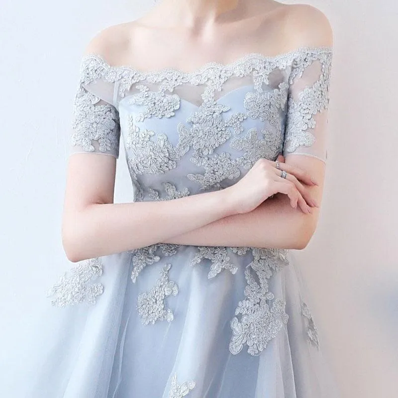 Short Sleeve Off Shoulder High How Dusty Blue Cheap Homecoming Dresses 2018, BDY0362