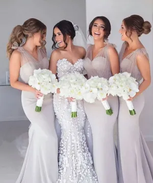 silver bridesmaid dresses long mermaid v neck sleeveless elegant cheap wedding guest dress