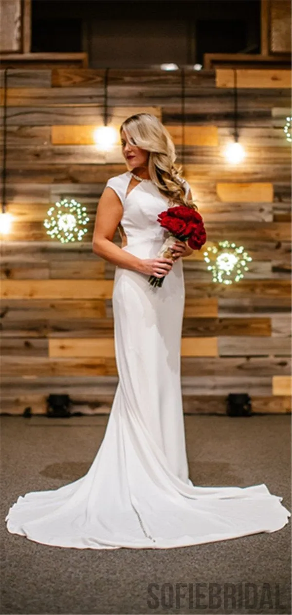 Simple Elegant Cap Sleeves Beading Back Wedding Dresses, WD0312