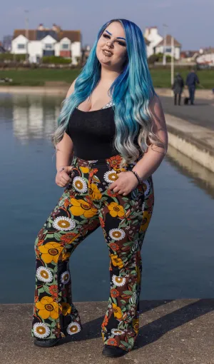 SIZE 24'' Waist* - 70's Black Floral High Waisted Bell Bottom Flares