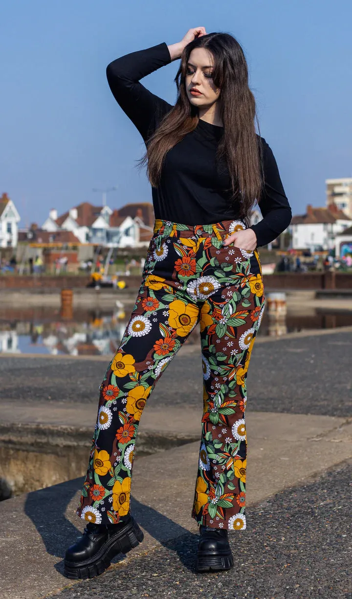 SIZE 24'' Waist* - 70's Black Floral High Waisted Bell Bottom Flares