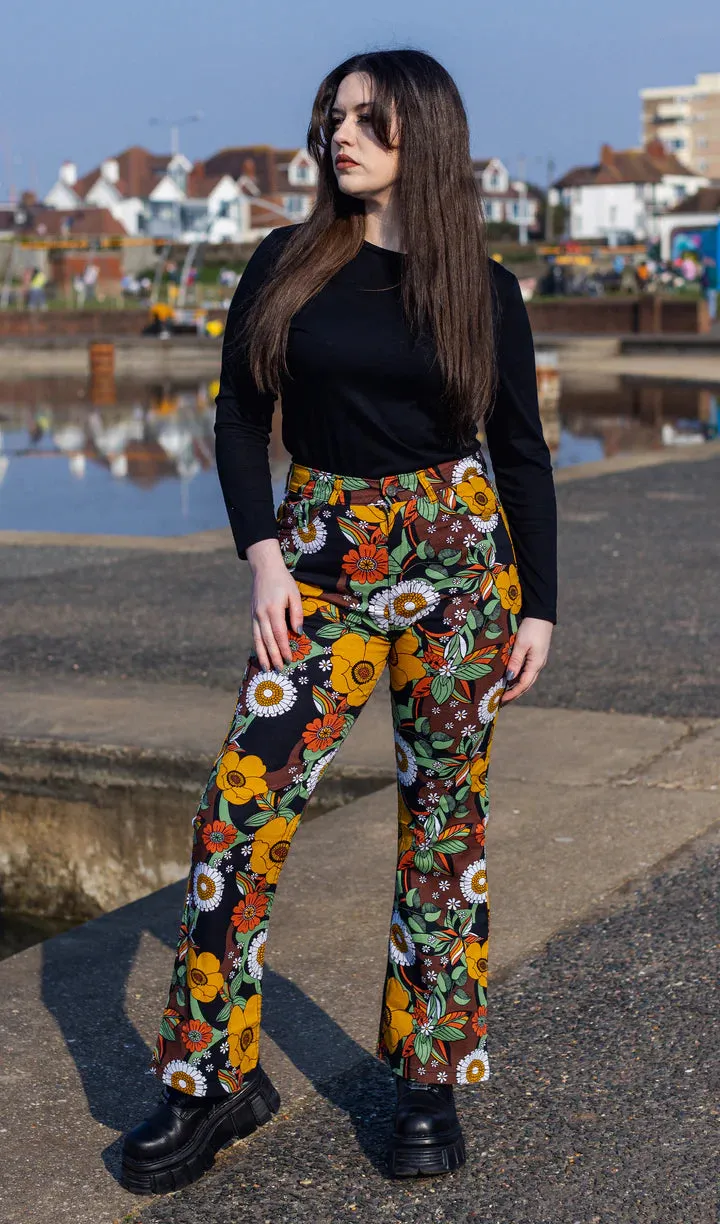 SIZE 24'' Waist* - 70's Black Floral High Waisted Bell Bottom Flares