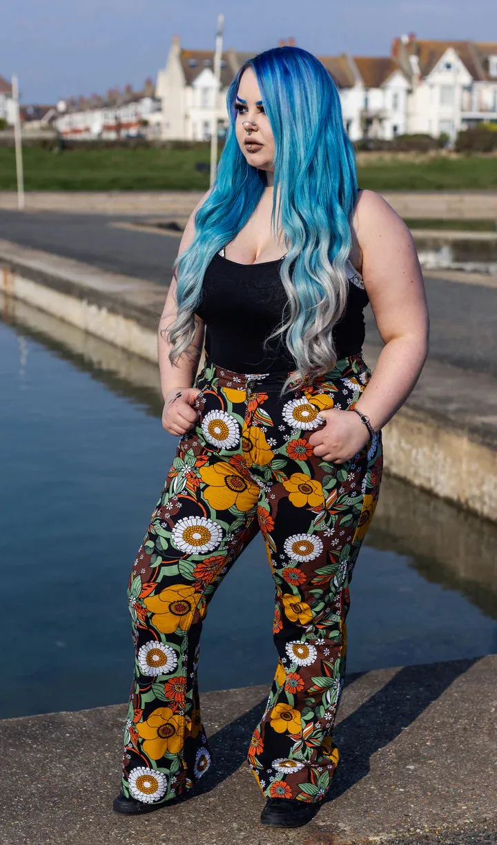 SIZE 24'' Waist* - 70's Black Floral High Waisted Bell Bottom Flares