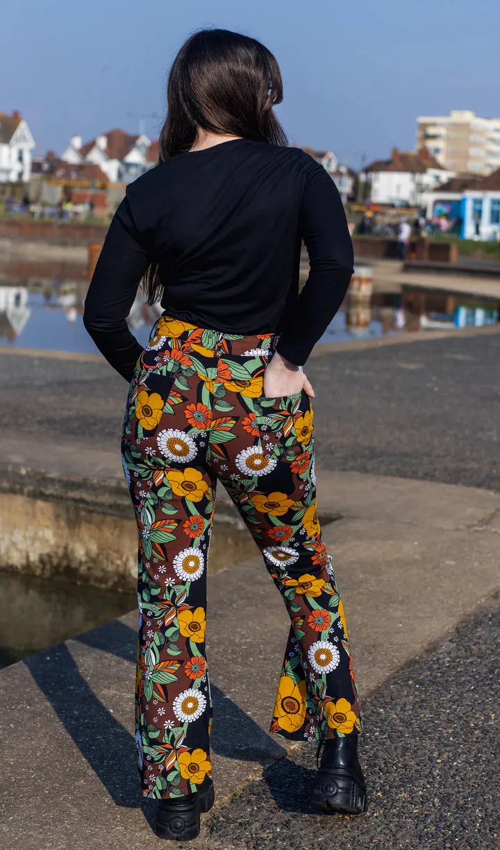SIZE 24'' Waist* - 70's Black Floral High Waisted Bell Bottom Flares