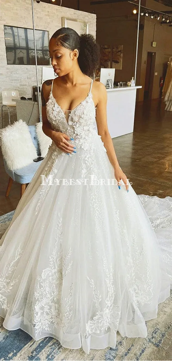 Spaghetti Strap Lace Appliqued Organza A-line Long Cheap Wedding Dresses, WDS0056