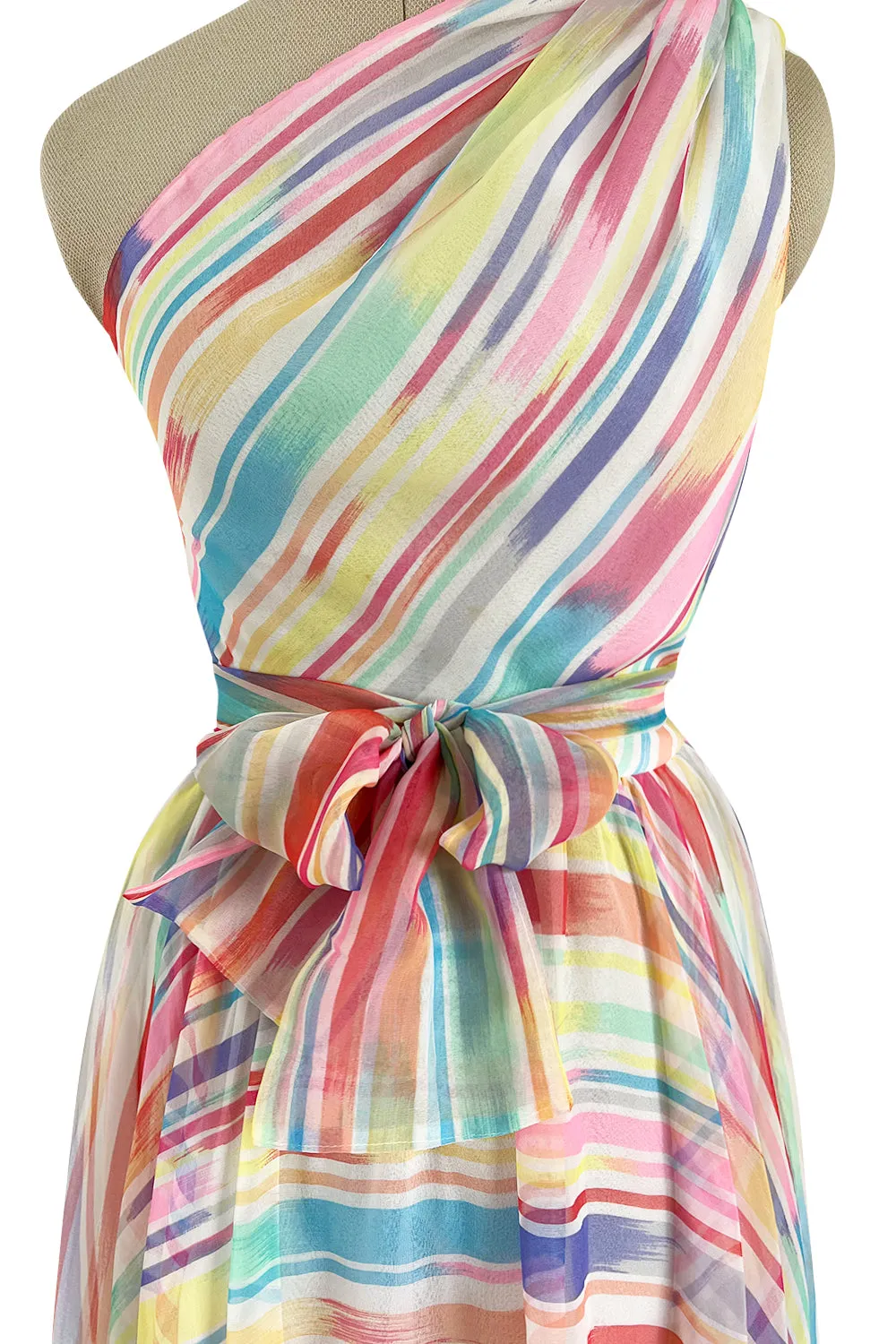 Spectacular 1970s Oscar de la Renta One Shoulder Lightweight Chiffon Rainbow Stripe Dress