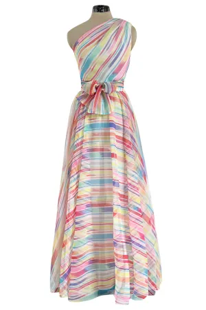 Spectacular 1970s Oscar de la Renta One Shoulder Lightweight Chiffon Rainbow Stripe Dress