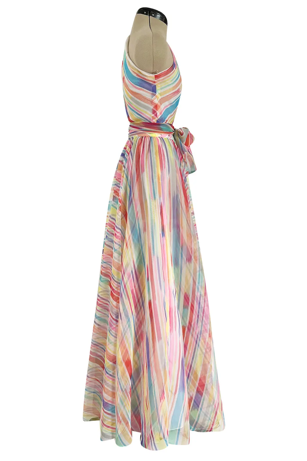 Spectacular 1970s Oscar de la Renta One Shoulder Lightweight Chiffon Rainbow Stripe Dress