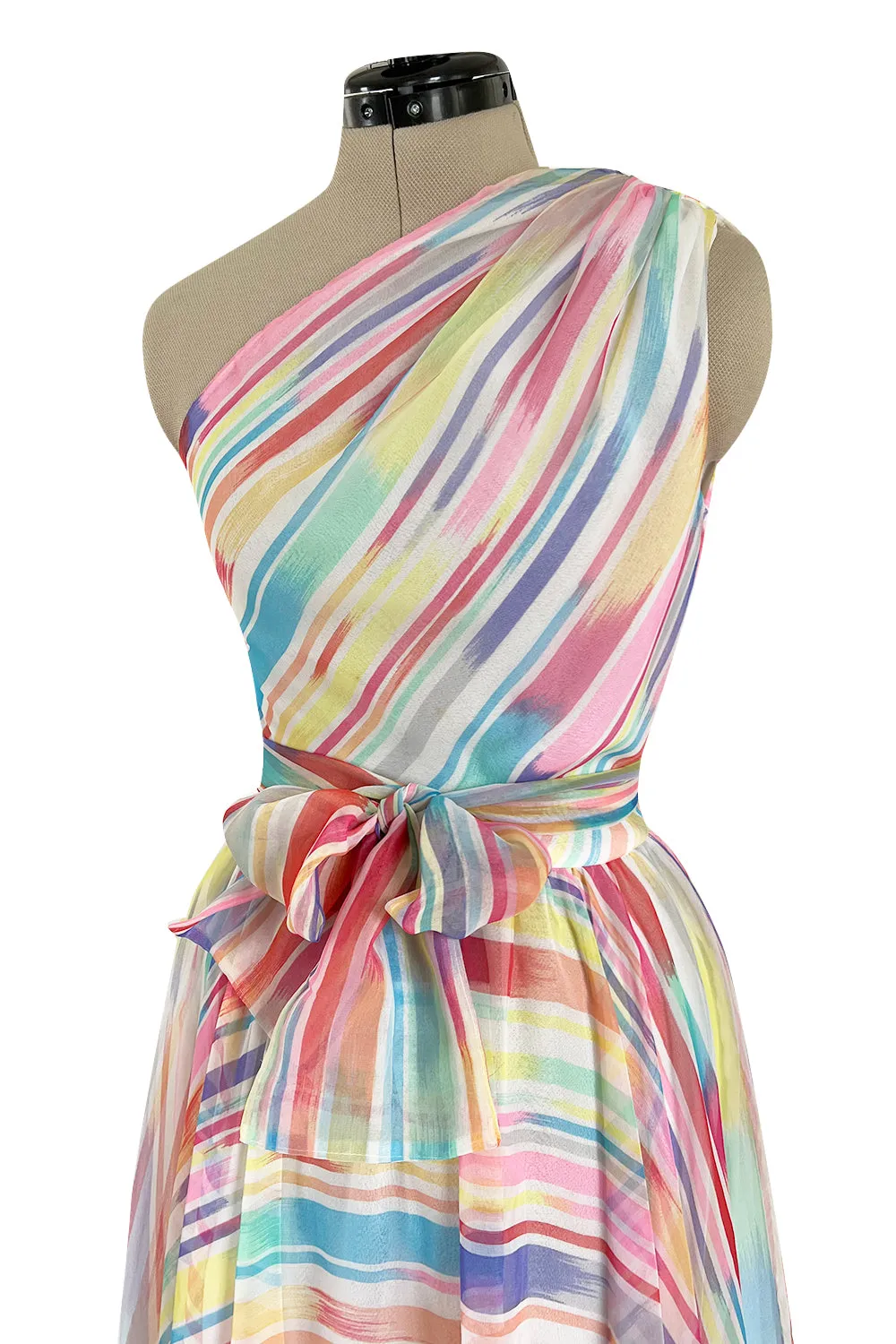 Spectacular 1970s Oscar de la Renta One Shoulder Lightweight Chiffon Rainbow Stripe Dress