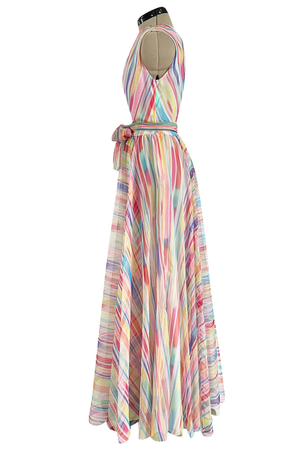 Spectacular 1970s Oscar de la Renta One Shoulder Lightweight Chiffon Rainbow Stripe Dress