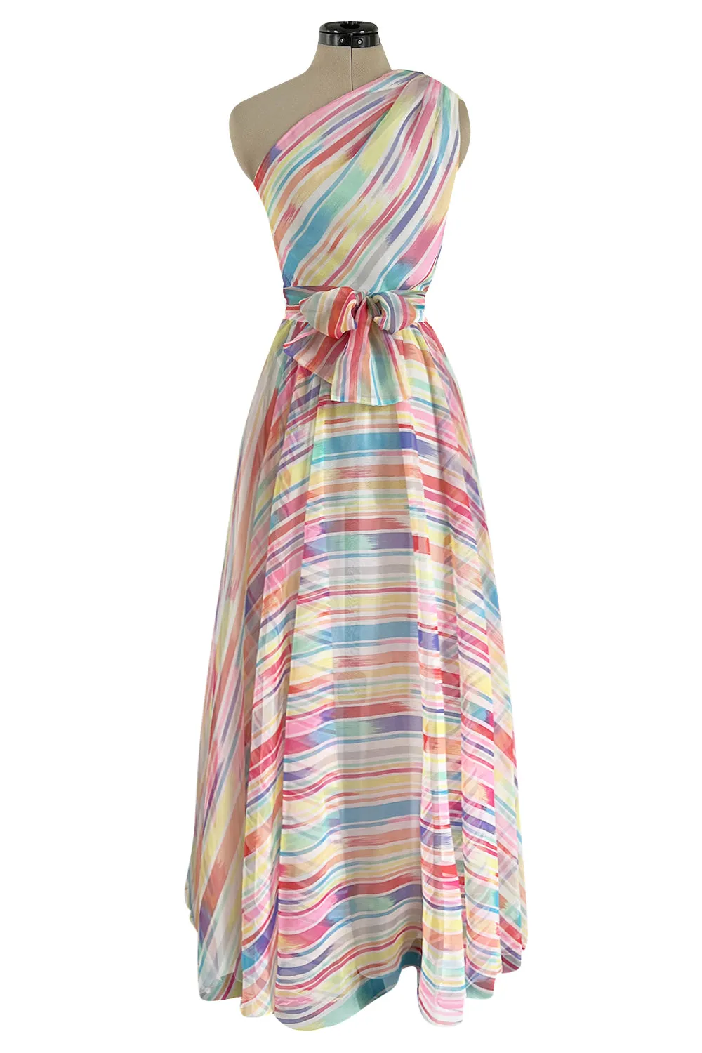 Spectacular 1970s Oscar de la Renta One Shoulder Lightweight Chiffon Rainbow Stripe Dress