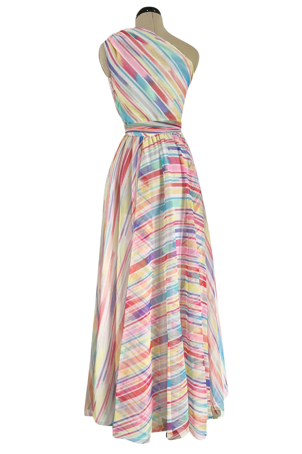 Spectacular 1970s Oscar de la Renta One Shoulder Lightweight Chiffon Rainbow Stripe Dress