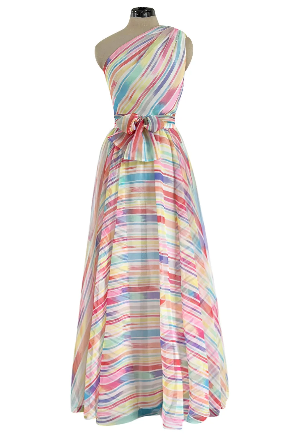 Spectacular 1970s Oscar de la Renta One Shoulder Lightweight Chiffon Rainbow Stripe Dress