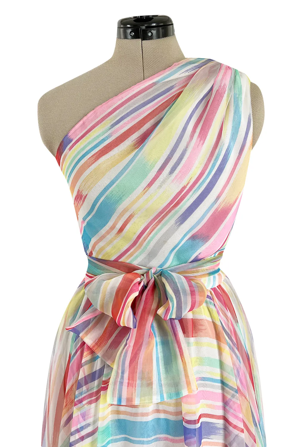 Spectacular 1970s Oscar de la Renta One Shoulder Lightweight Chiffon Rainbow Stripe Dress