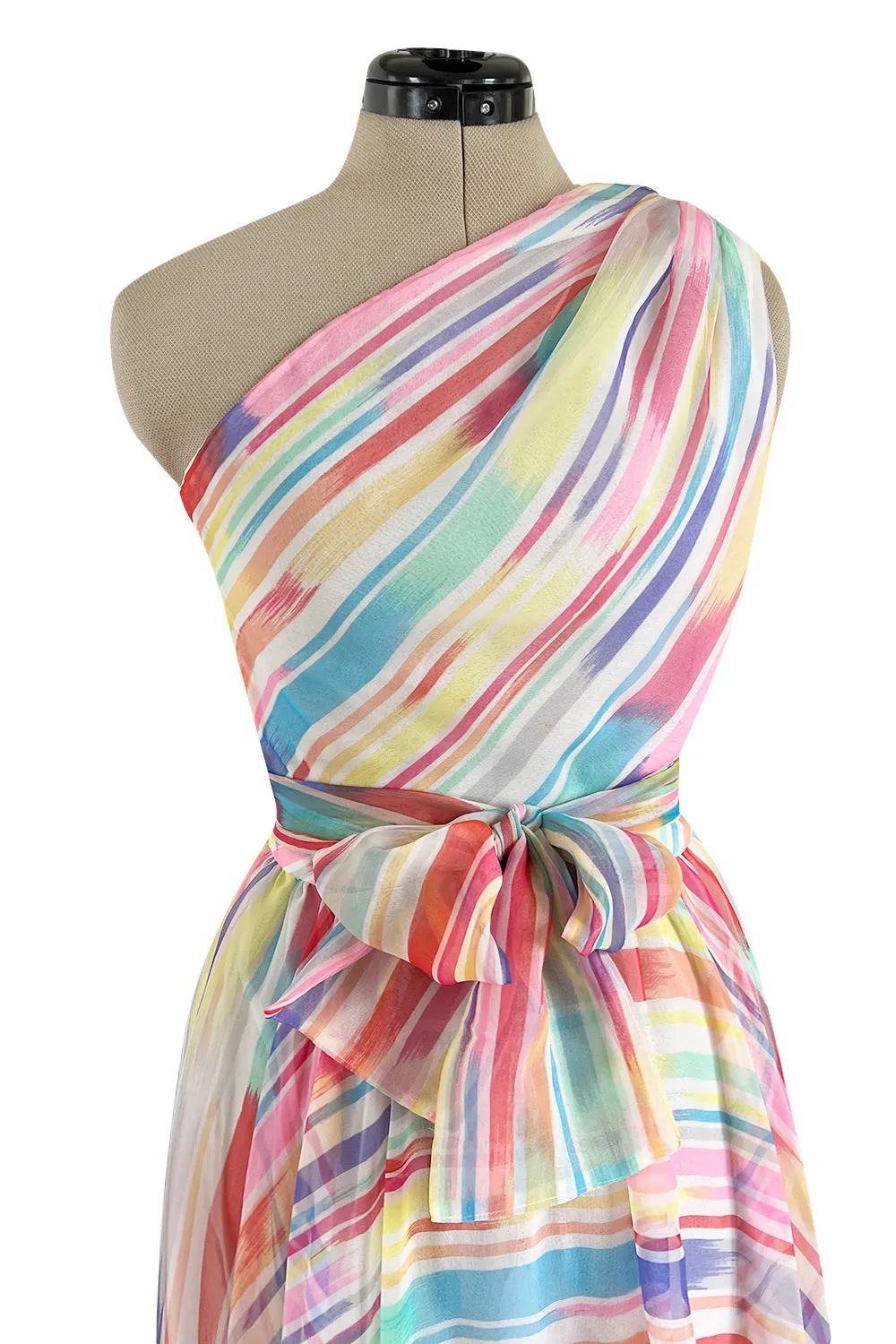 Spectacular 1970s Oscar de la Renta One Shoulder Lightweight Chiffon Rainbow Stripe Dress