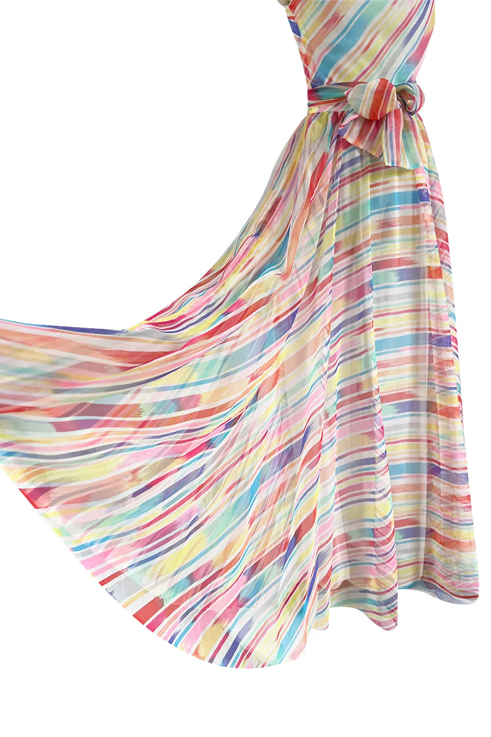 Spectacular 1970s Oscar de la Renta One Shoulder Lightweight Chiffon Rainbow Stripe Dress
