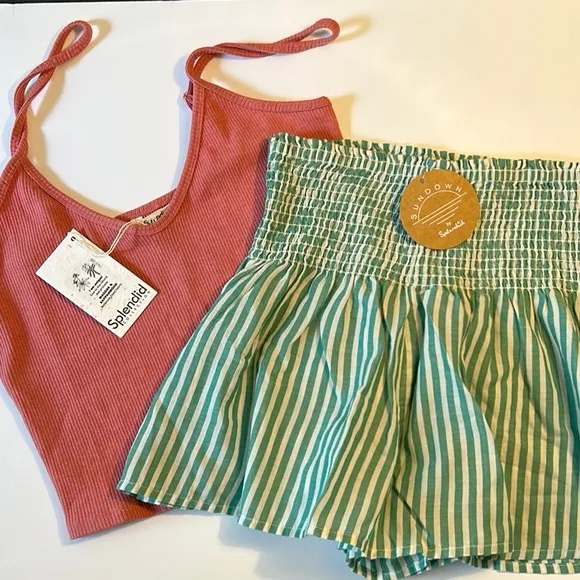 Splendid Medium SET Tank AND Sundown Shorts Rib Tank Cropped Smocked Shorts NWT