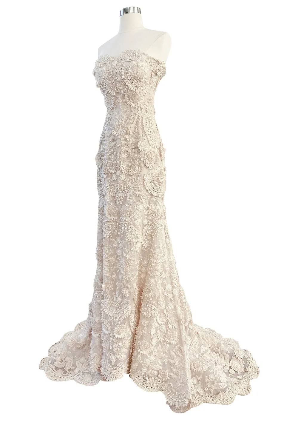 Spring 2008 Oscar De La Renta Embroidered Beaded Ribbon Work Floral Silk Organza Wedding Dress