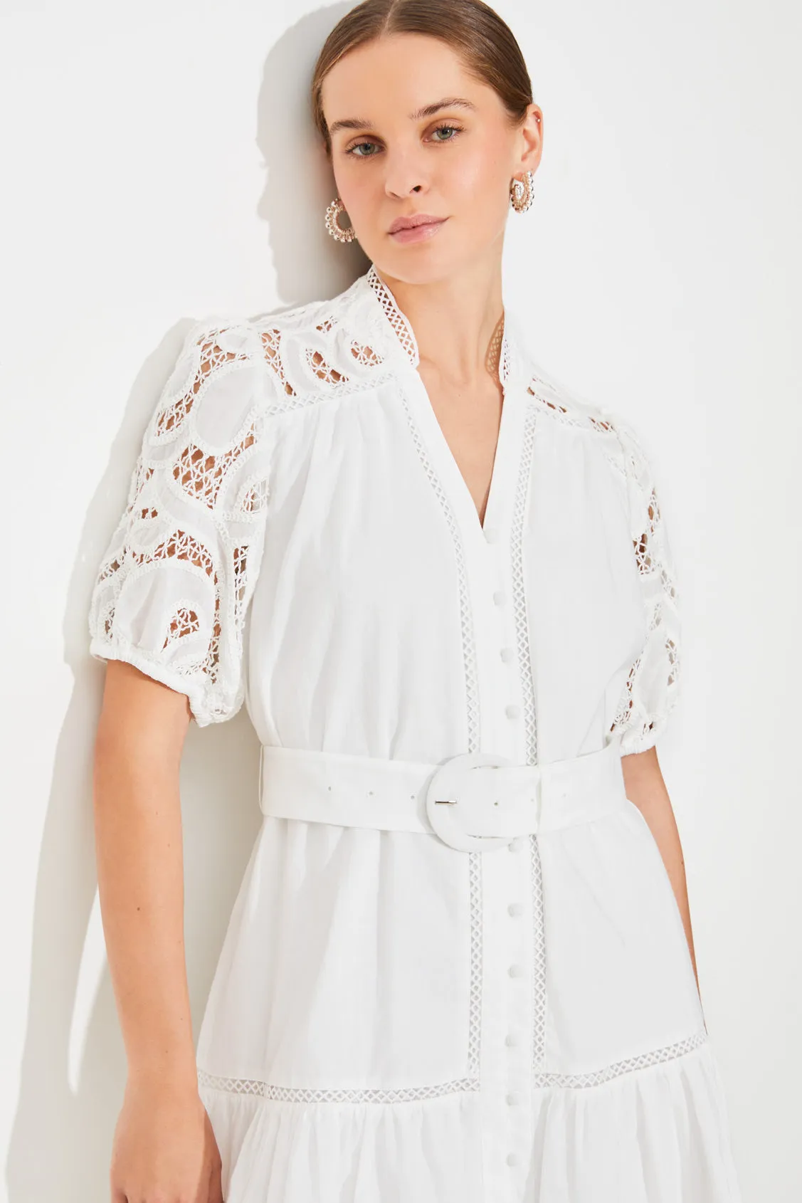 Suncoo Catleya Short White Layer Dress With Lace Sleeves