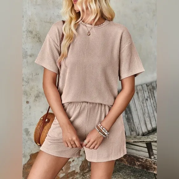 Textured Round Neck Short Sleeve Top and Shorts Set